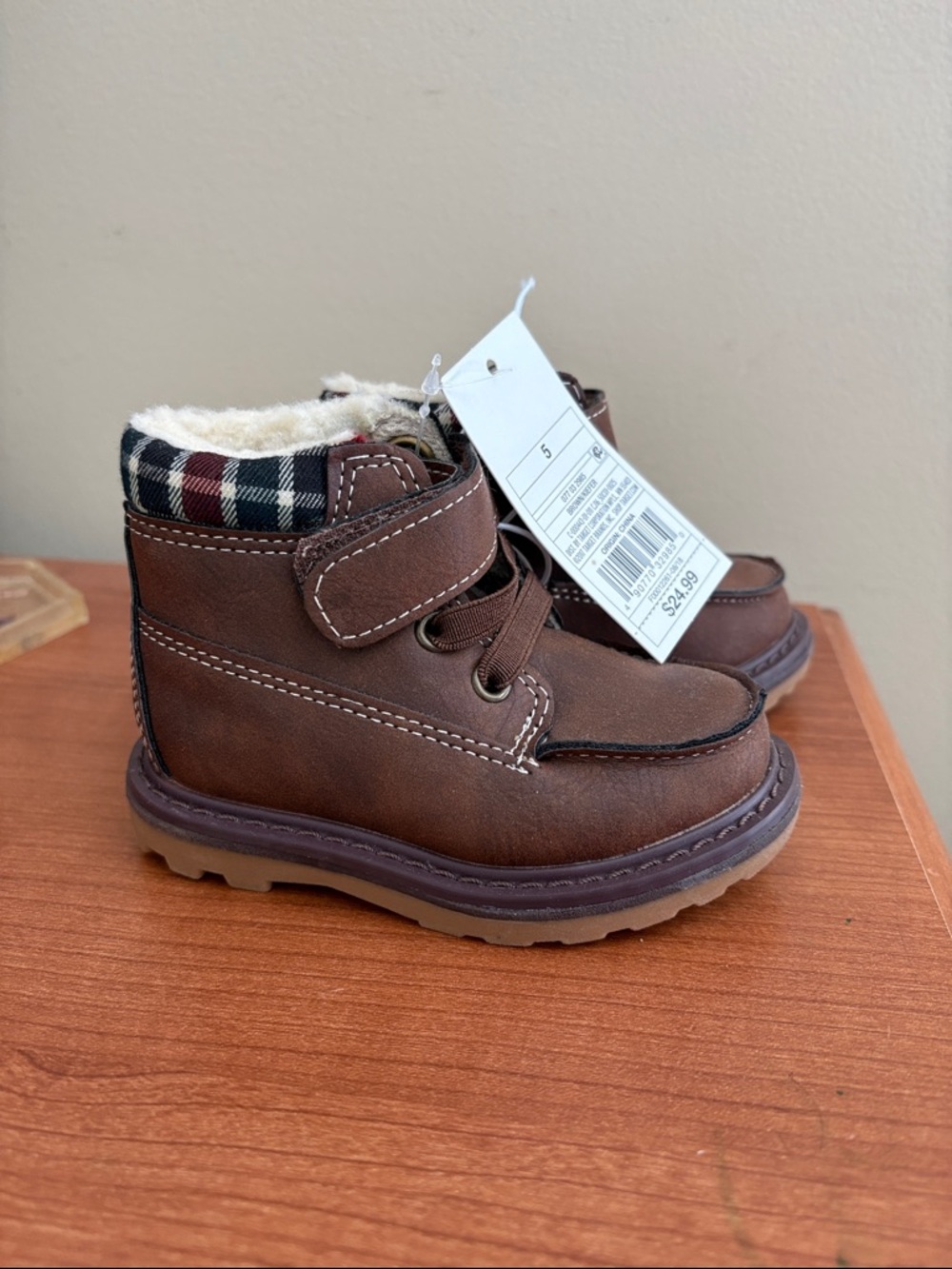 Cat & Jack Brown Faux-Leather Plaid Collar Kids Ankle Boots